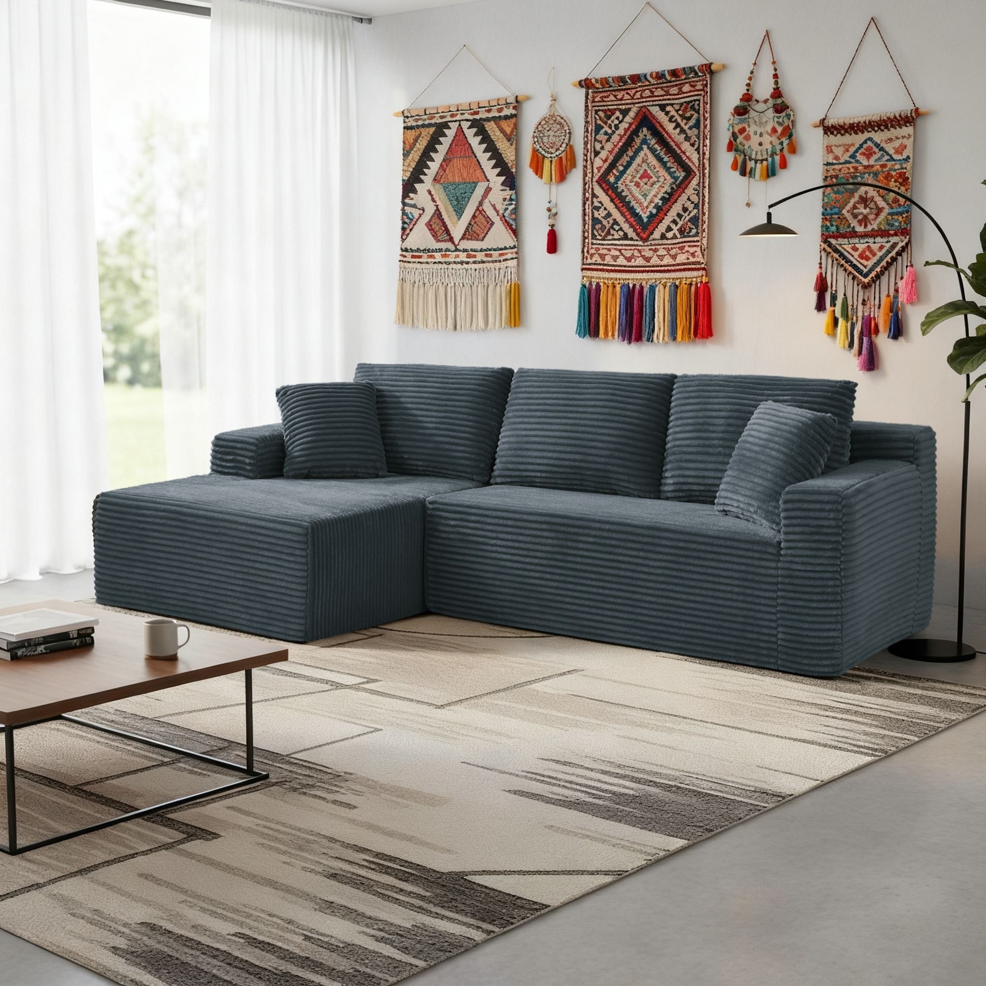 Modern Classic L-Shaped Corduroy Fabric Upholstered Sectional Sofa