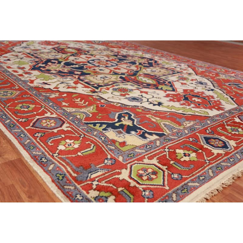 Ivory & Orange Heriz Serapi Indian Area Rug Handmade Wool Carpet - 8'11"x 11'9"