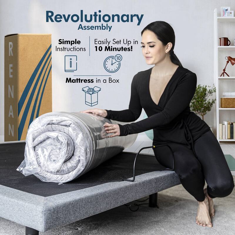 Renanim SF Adjustable Base w/ 12" Hybrid Mattress, Massage, USB, Underbed Light, App, Head & Foot Incline