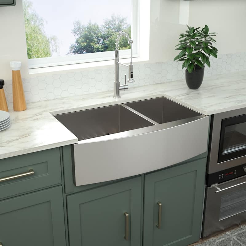 18-Gauge Stainless Steel 33 in. Double Bowl 60/40 Farmhouse/Apron Kitchen Sink with Bottom Grid - 33" L x 20" W x 9 "
