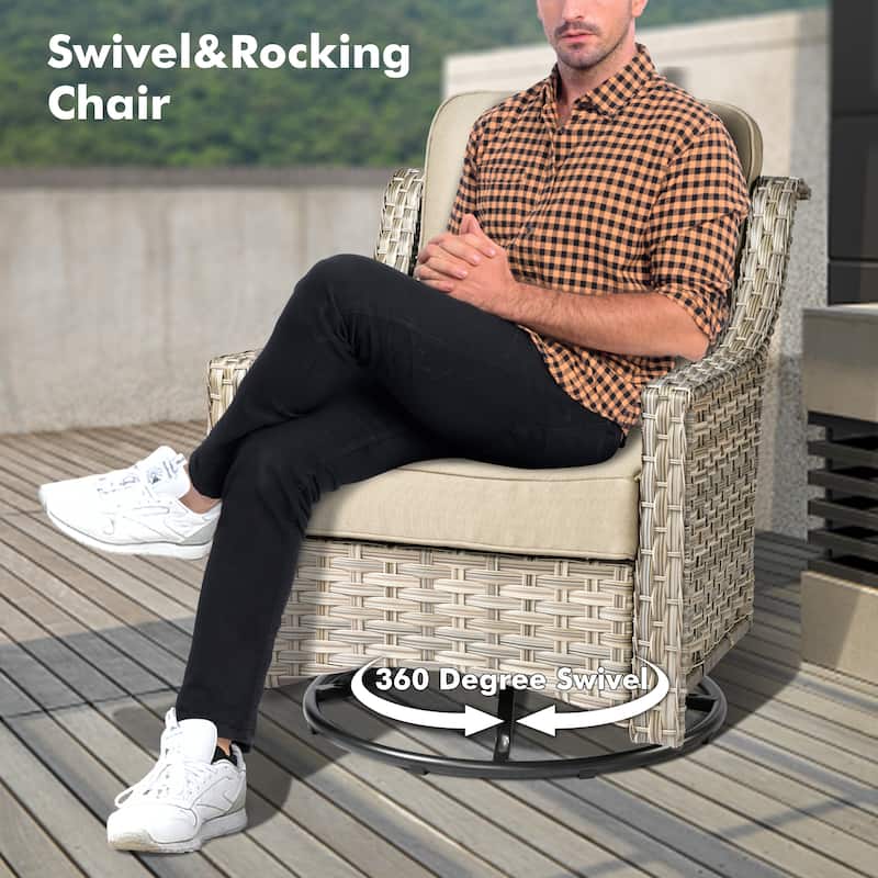 OVIOS 5 Pieces Outdoor Wicker Swivel Chair Set With Solar-Powered Table