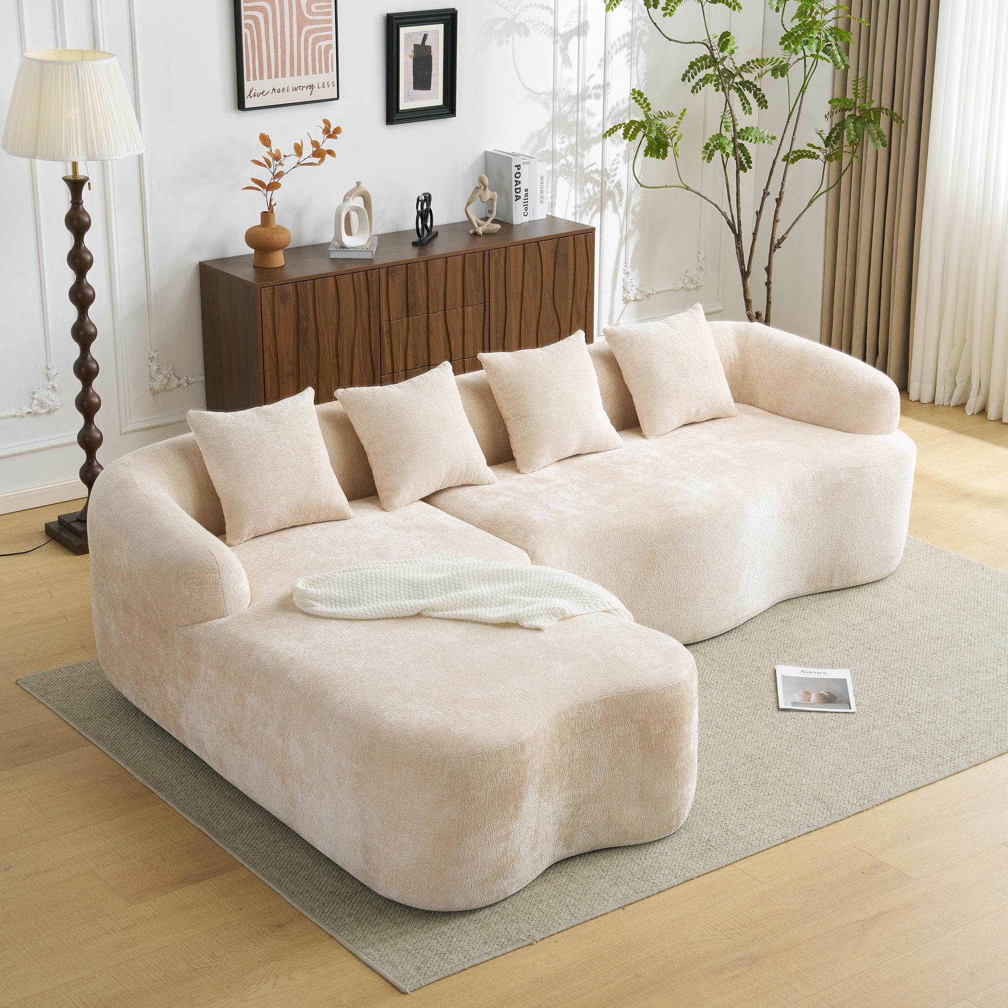 Full Compression L-Shape Sectional Sofa With Curved Chaise, Beige Modular Chenille Couch,High-Density