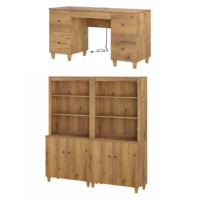 WAMPAT Home Office Furniture Set, 58" Executive Desk with Drawers, 2-Column 71" Tall Bookcase with Doors and Adjustable Shelves