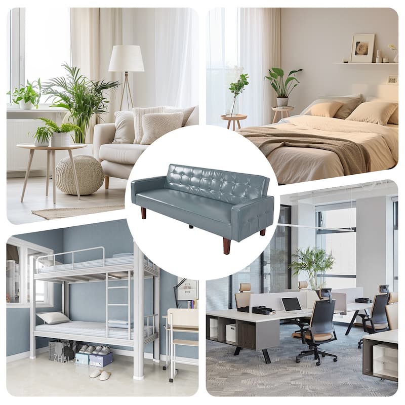 Mid-Century 74” in PU Leather Futon Sofa Bed, Button Tufted Sofa 3-Seat for Living Room Bedroom