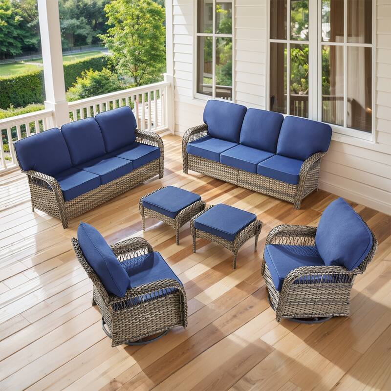 Pocassy Patio Outdoor Sofa Ottoman with Swivel Chair Table - Gray Wicker Blue Cushion - 6-Piece Sofa Swivel Chair with Ottoman