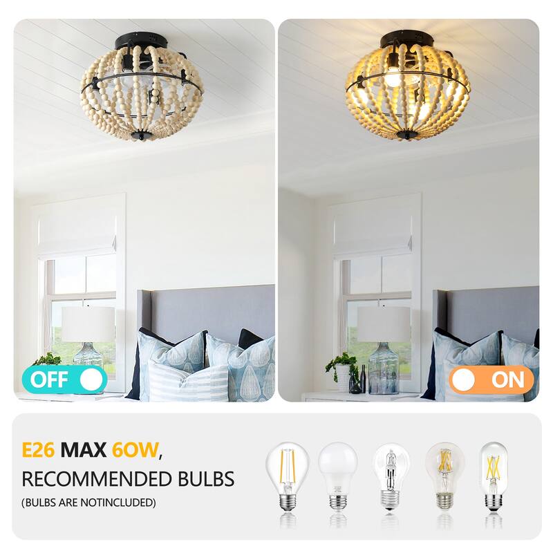 Sofucor 18" Wood Beaded Ceiling Fan with Light & Remote,Flush Mount Chandelier Fan with 6-Speed Reversible Caged Ceiling Fan