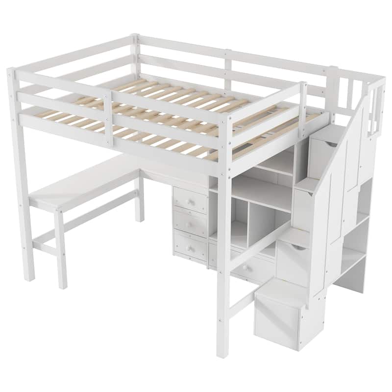 Full Size Loft Bed with L-Shaped Desk, Drawers, Cabinet, and Storage Staircase, White