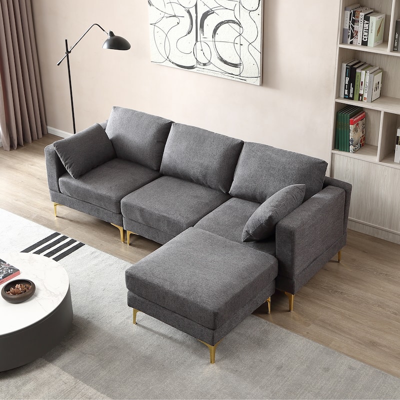 92'' Fabric L-Shape 3-Seater Sofa with Ottoman, Gold Metal Legs, and Toss Pillows