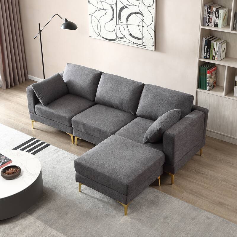 92'' Modern Turquoise L-Shaped 3 Seat Sofa with Ottoman, 2 Pillows, Gold Metal Legs, and Polyester Upholstery