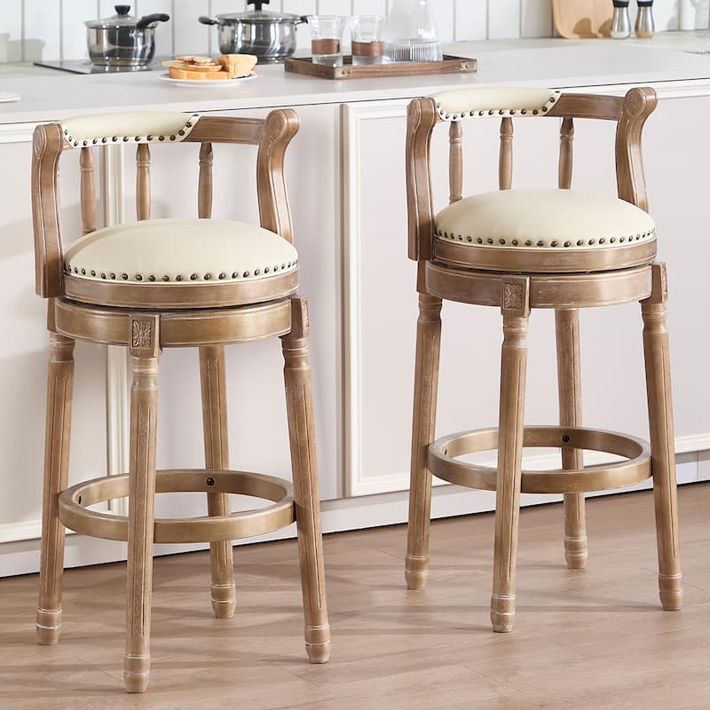 Beige 360 Swivel Leather Wooden Bar Stools Upholstered Breakfast Stools Coffee Bar Stools with Back for Kitchen Counter - Beige