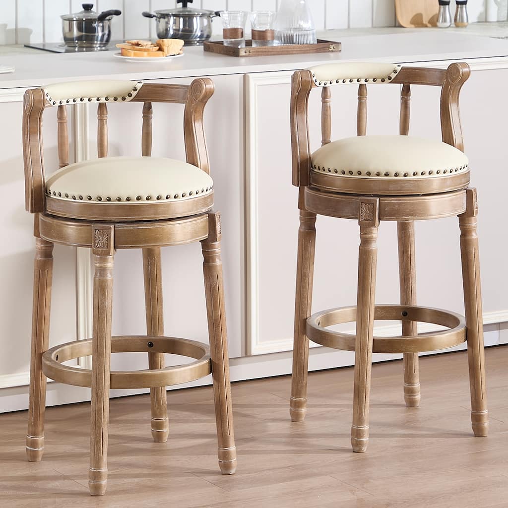 Beige 360 Swivel Leather Wooden Bar Stools Upholstered Breakfast Stools Coffee Bar Stools with Back for Kitchen Counter