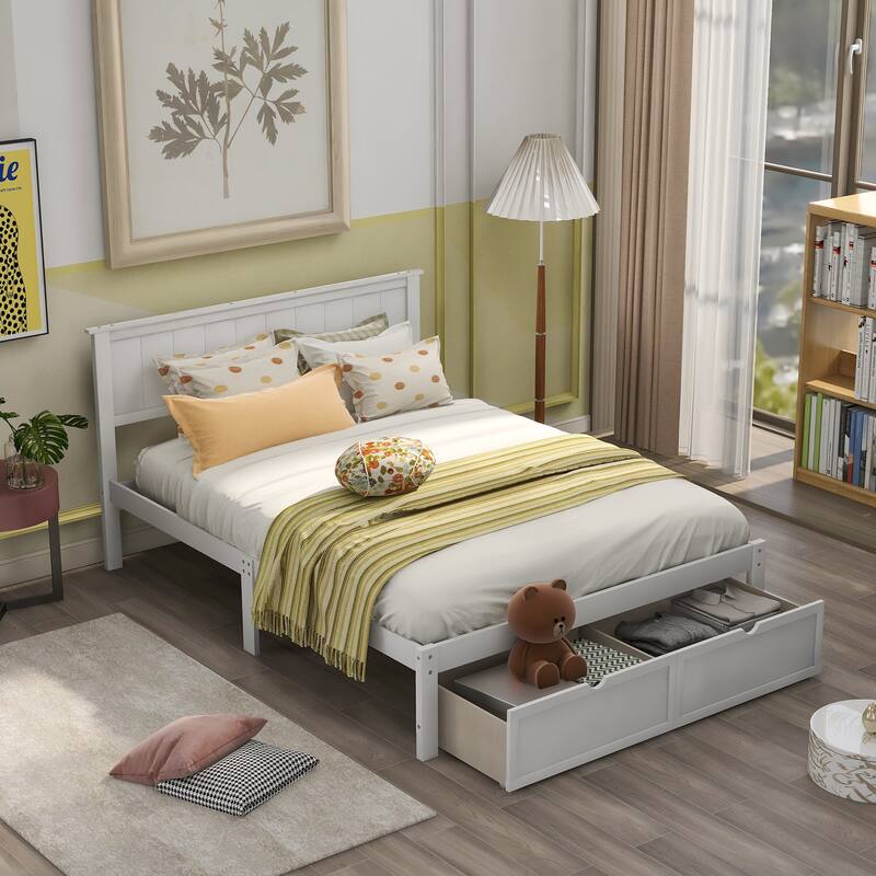 White Full Size Platform Bed with Under-bed Storage Drawers and Solid Pine Frame