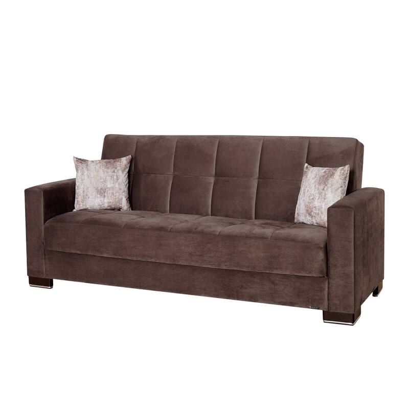 HomeRoots 87" Brown Microfiber Convertible Futon Sleeper Sofa And Toss Pillows With Storage