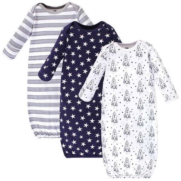 slide 1 of 1, Hudson Baby Infant Boy Cotton Long-Sleeve Gowns 3pk, Rocket Ship Preemie-Newborn - Rocket Ship