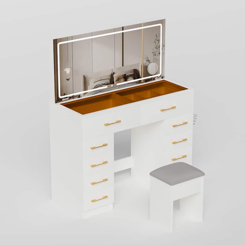 46"Glass Top Vanity Desk with 10 Drawers Makeup Vanity with Mirror and Stool,3 Lighting Modes Dressing Table,Silent Slides