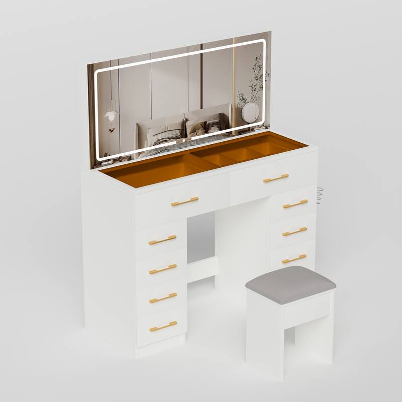 Glass Top Vanity Desk with Light Mirror & Power Outlet, Large Makeup Vanity Set, Dressing Table with 10 Drawers & Stool