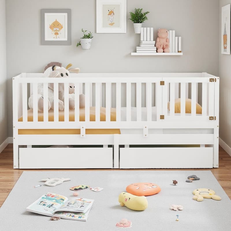 Pine Wood Daybed with Removable Fence Guardrails & Dual Storage Drawers by Harper&Bright Designs - White - Twin