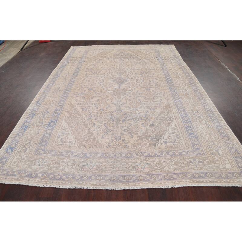 Vintage Distressed Geometric Hamedan Persian Area Rug Wool Handmade - 6'11" x 9'11"