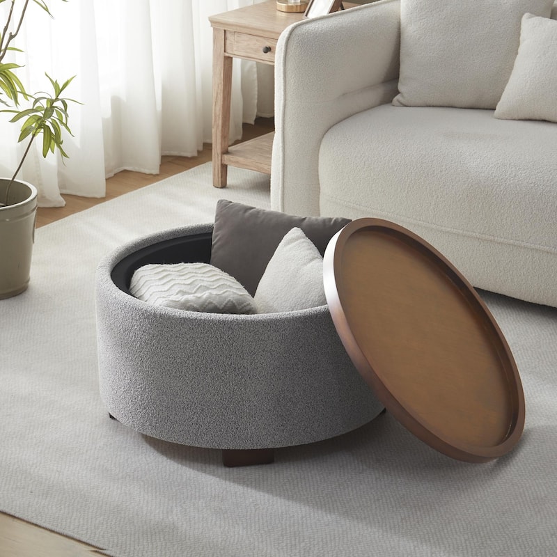 Huimo Modern round wooden tray Ottoman with Storage - Multi