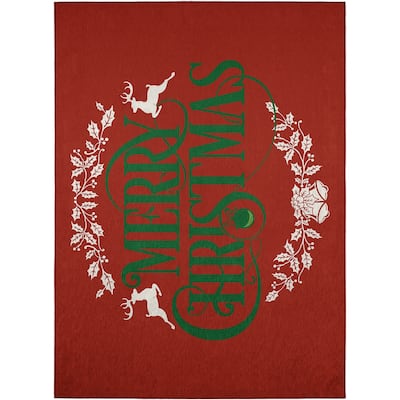 Indoor/ Outdoor Cozy Winter Red Washable Merry Christmas Rug