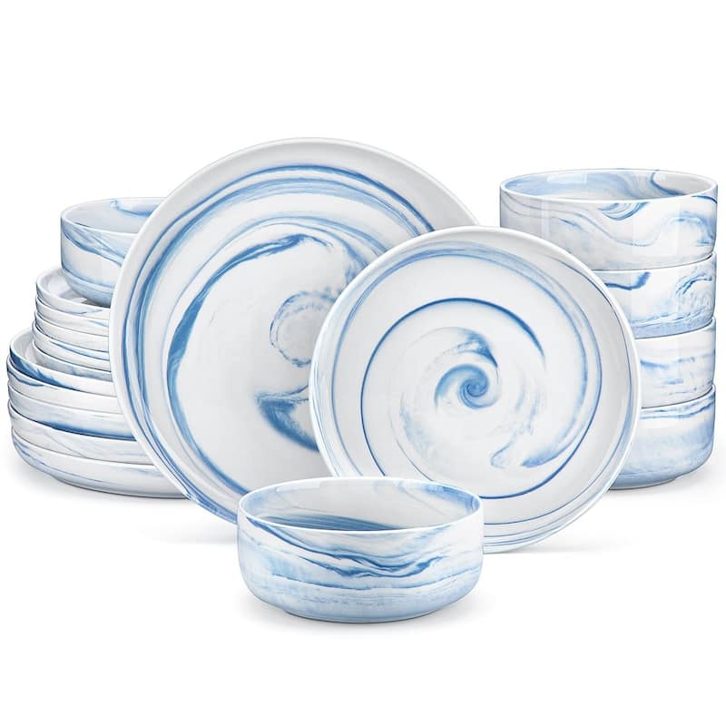 MALACASA LUNA 18-Piece Porcelain Dinnerware Set (Service for 6) - Marble Blue