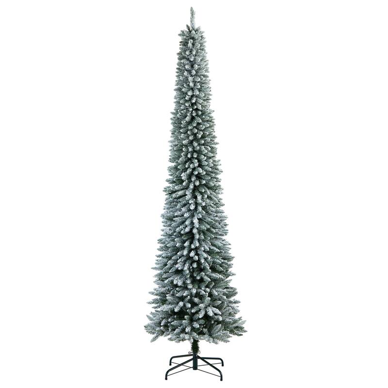 10ft. Flocked Pencil Artificial Christmas Tree with 700 Clear Lights & 1145 Branches - Sleek Snowy Holiday X-Mas Tree