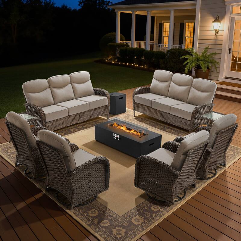 Meyreso 9-Piece Wicker Outdoor Patio Fire Pit Sofa Set with 6-Inch Thick Cushions - Brown Wicker - Beige Cushions