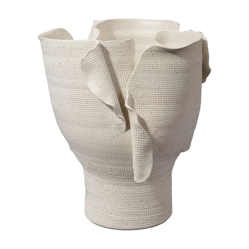 Tio Modern Vessel Vase, Flowing Petal Folds, White Porcelain 13 Inch