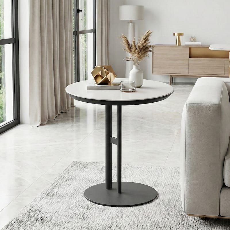 Modern Round Side Table - Gray Leather Tabletop with Black Metal Frame
