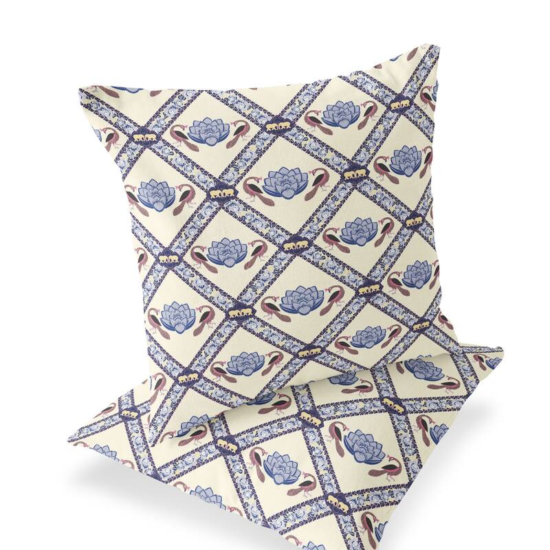 HomeRoots Set of Two 16" X 16" Blue and Brown Peacock Blown Seam Floral Indoor Outdoor Throw Pillow - 16.00' X '16.00' X '5.00