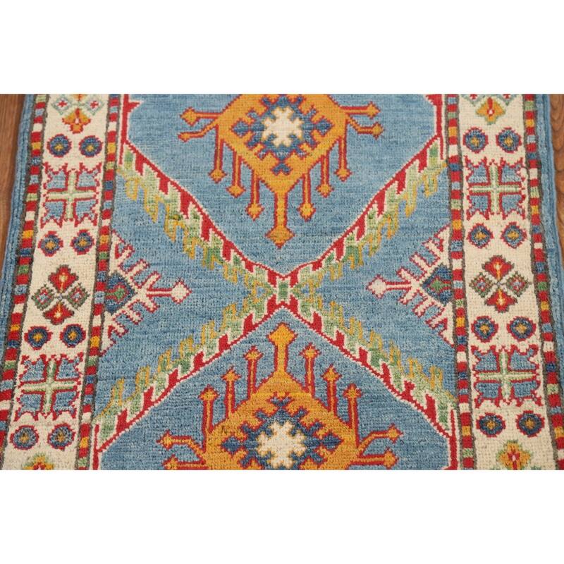Light Blue Geometric Kazak Foyer Rug Handmade Wool Carpet - 2'0" x 3'0"