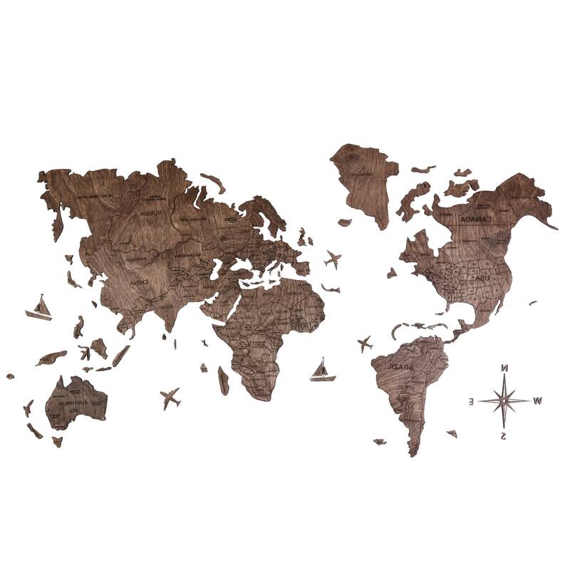 HomeRoots 47" X 79" Dark Brown Wood World Map Hanging Dimensional Sculpture