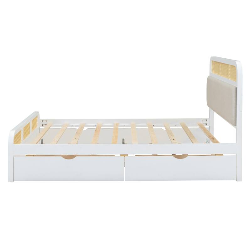 Rattan Platform Bed Queen Wooden Bed Frame with Twin Trundle and 2 Drawers, Headboard with Padded Cushion Mattress Not Included