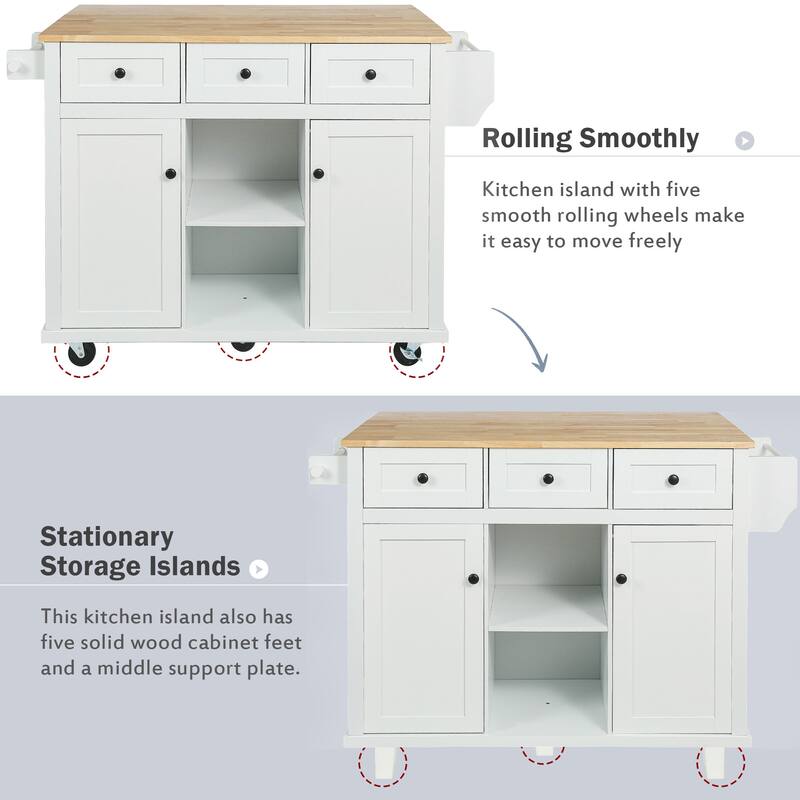 53.10 '' Rubberwood Kitchen Cart with Drop-Leaf, Adjustable Shelf, Rolling Wheels, and 3 Drawers - 53.1'' x 29.5'' x 37.2''