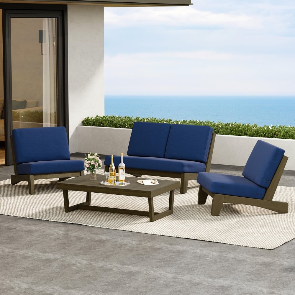 4 Pieces Wood Sectional Sofa Patio Conversation Set With Cushion