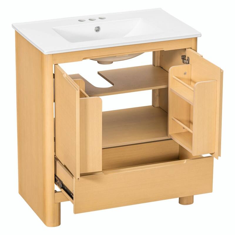 30 Inch Modern Bathroom Vanity with Ceramic Sink, Natural Wood Grain Cabinet, Solid Wood Frame
