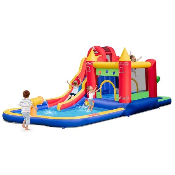 slide 2 of 17, Costway 9-in-1 Inflatable Bounce Castle with Waterslide Splash Pool without Blower