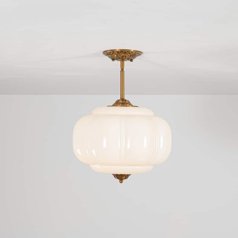 1-Light Retro Antique Brass Pumpkin Shaped Semi-Flush Mount Light/Pendant with Milk/Green Glass for Kitchen, Dining Room