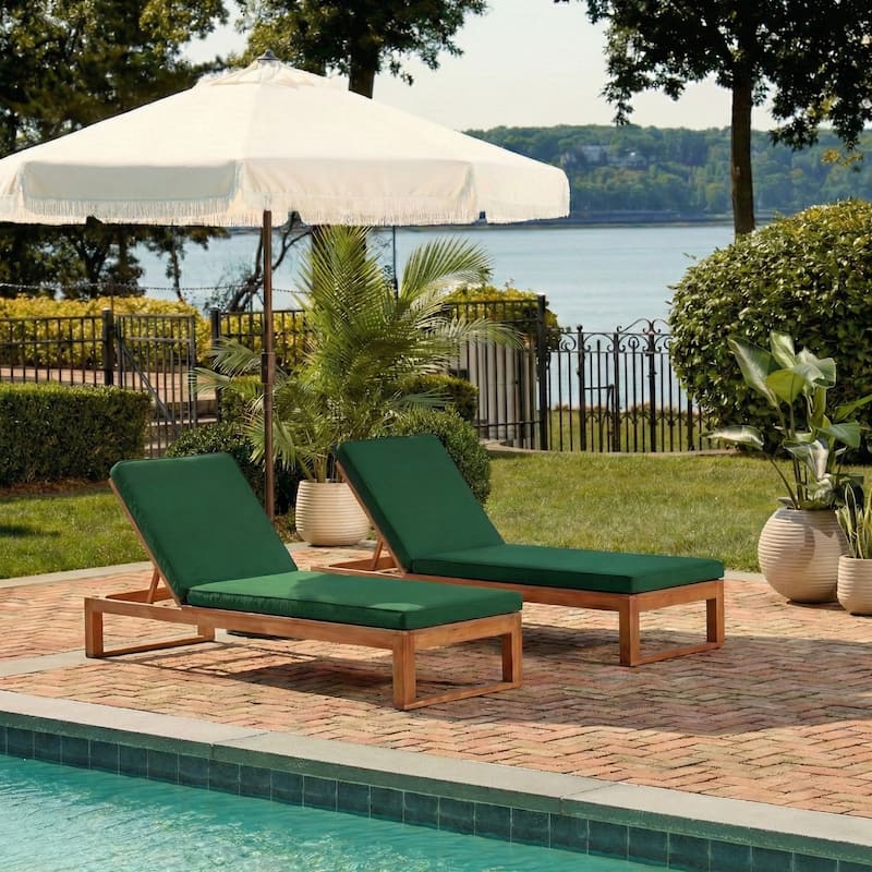 SAFAVIEH Outdoor Kaliyah Solid Wood Chaise Lounge Chair - 25Wx81Dx37H - Natural Wood/Green Cushion