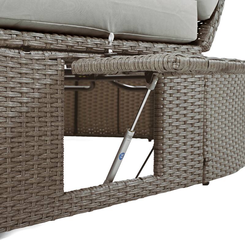 Gray PE Rattan Outdoor Daybed with Foldable Cup Trays and Reclining Backrests