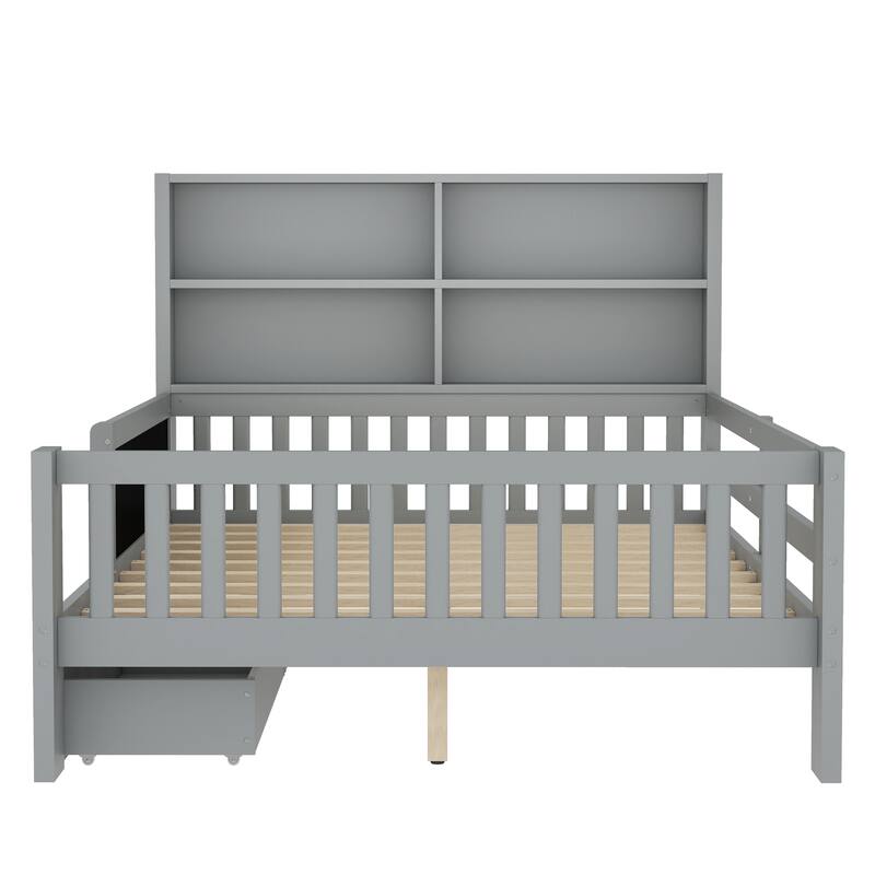 Childlike Fun Solid Wood Low-profile Platform Bed Storage Bed Frame with Side Chalkboard, Open Shelves, Drawers and Guardrails