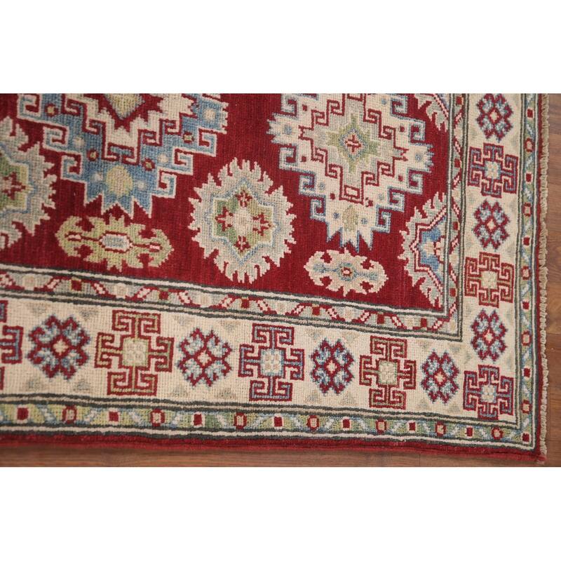 Hand Knotted Oriental 100% Wool Carpet Traditional Geometric Red Kazak Runner Rug - 6' 8'' X 2' 10''