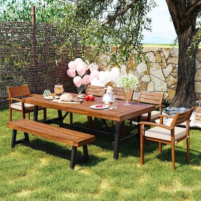 7-8 Person Outdoor Wood Dining Set with Removable Cushions and Table