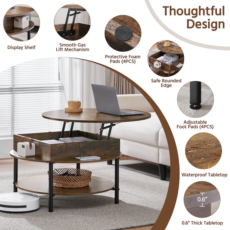 Yaheetech Round Lift Top Coffee Table with Hidden Compartment & Storage Shelf