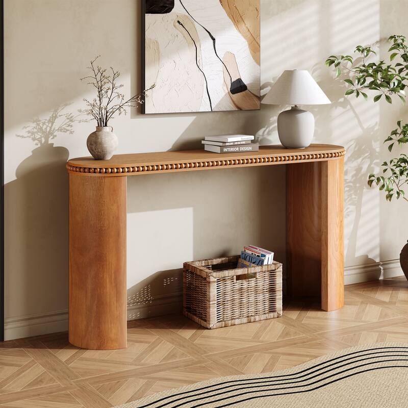 Vintage Console Table With Beaded Trim And Reversible Curved Legs,Natural Wood Veneer Finish-Entryway Accent Table - Brown