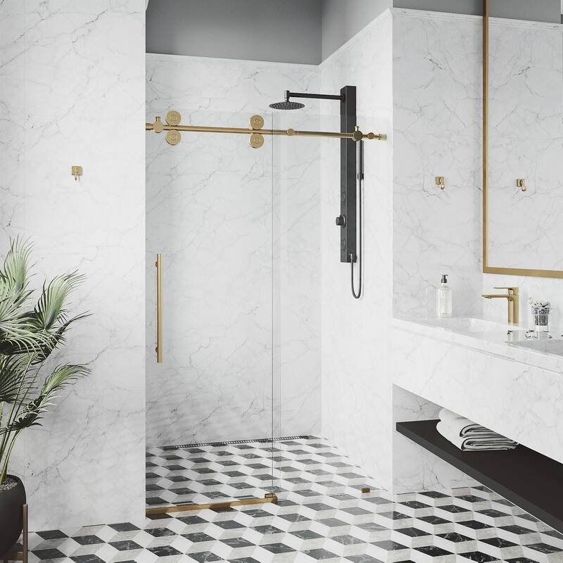 VIGO Elan Frameless Sliding Shower Door - 68" to 72" W x 74" H - Matte Brushed Gold