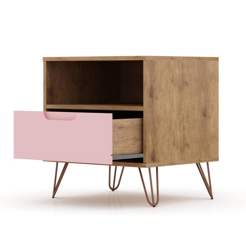 Modern Nightstand with Drawer and Open Shelf Metal Legs Mid Century Design