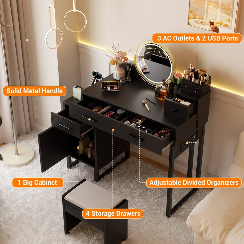 Vanity Desk with 4 Storage Drawers,Modern Makeup Vanity Table with Charging Station
