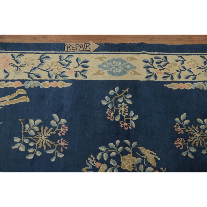 Hand Knotted Oriental 100% Wool Carpet Traditional Floral Navy Blue & Blues Art Deco Area Rug - 8' 9'' X 5' 10''