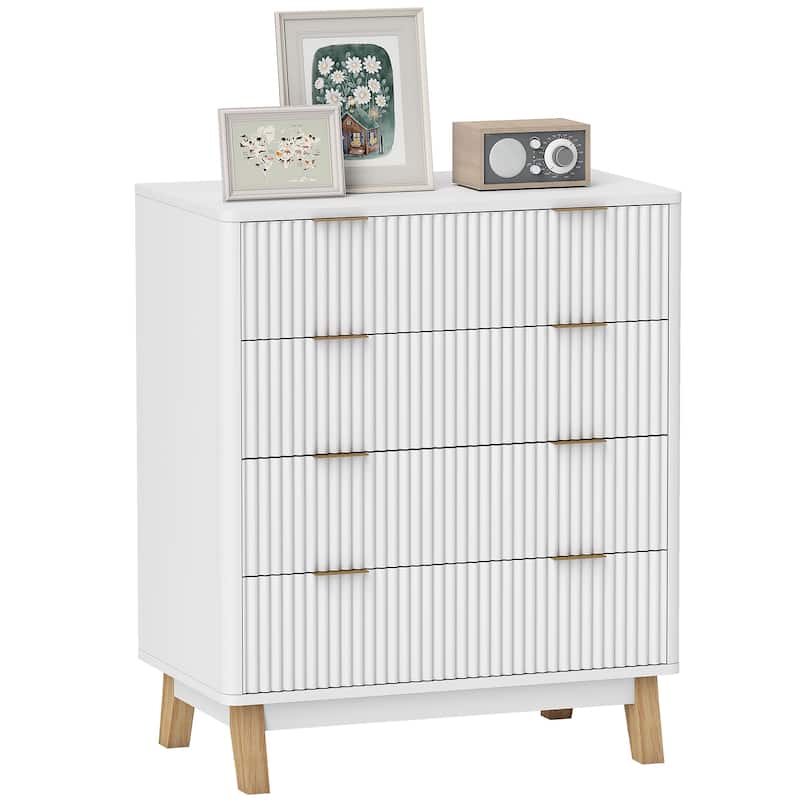 HOMCOM Fluted Dresser for Bedroom with 4 Drawers, 28" Wide Chest of Drawers with Gold Finger Pulls and 4 Wood Legs, Natural Wood - White